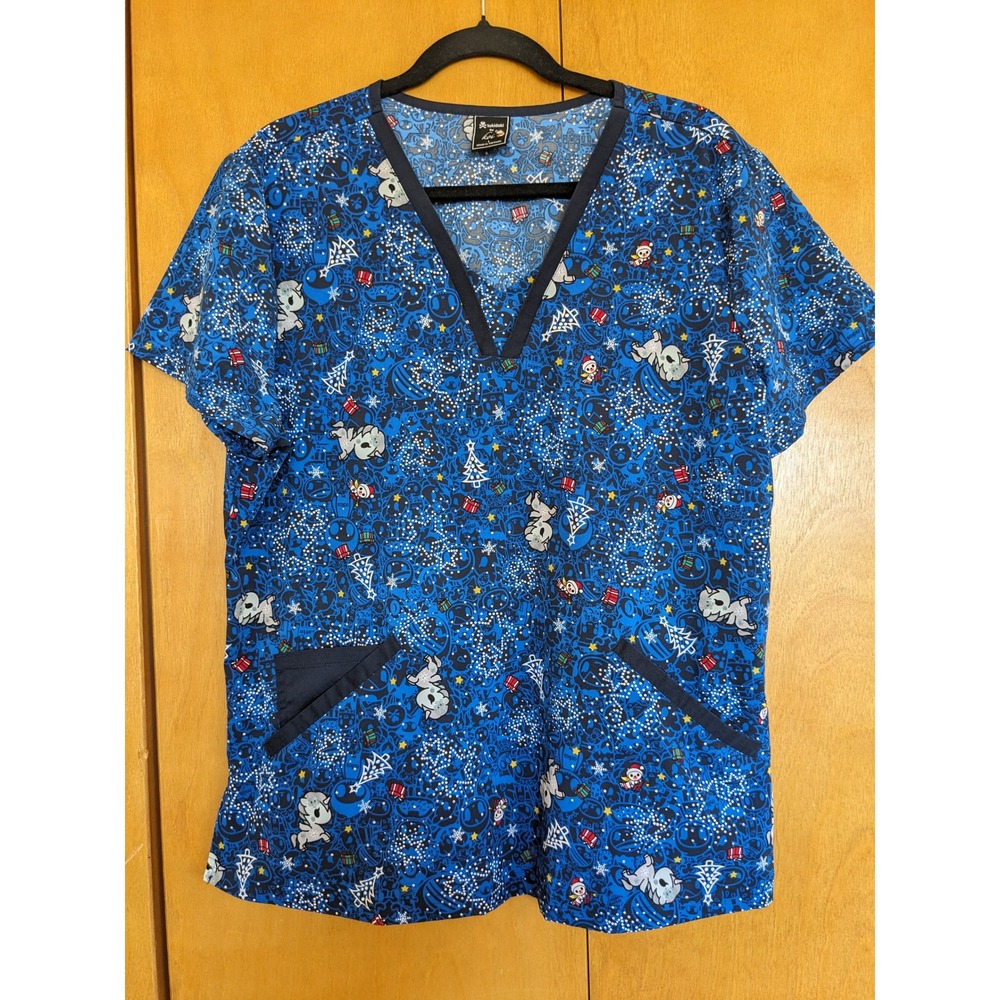 Tokidoki by Koi Scrub Top Blue Holiday Christmas Print V-Neck Large 1072TKD